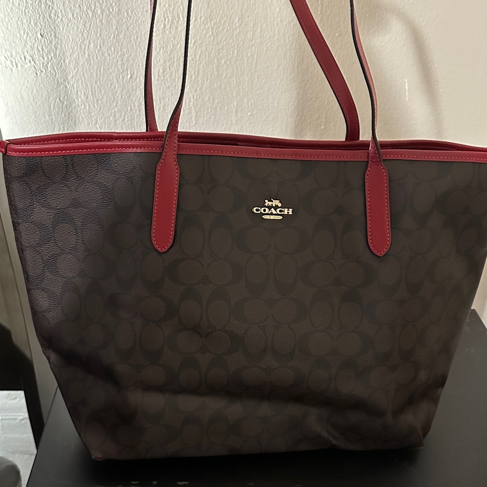 Coach Signature City Tote with Red Trim